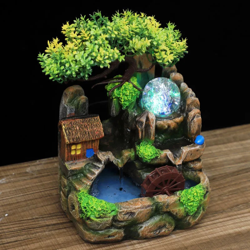 Feng Shui Water Fountain Indoor Waterfall Desktop Ornaments with Led Lights Resin Rockery Flowing Water Office Home Decor Gifts