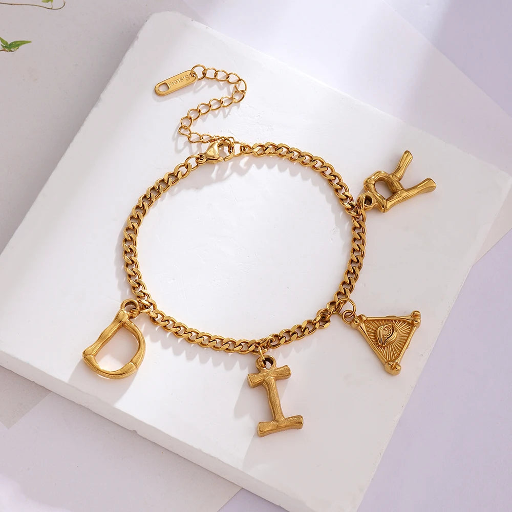 Women Imitation Gold Geometric Stainless Steel Link Chain Letter Charm Lobster-Claw-Clasps Bracelets