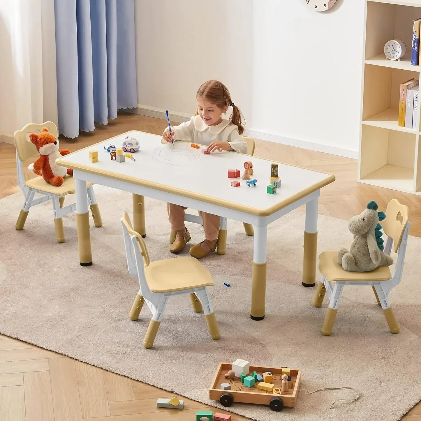 4 pcs White HDP Rectangle Toddler Height Adjustable Table/ 4 Chairs Set/Colors-Beige/White