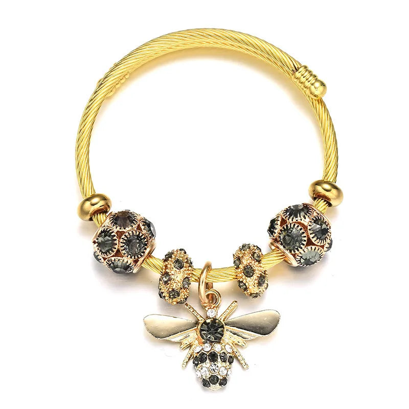 Women Round Titanium Steel Metal Inlay Imitation Crystal Rhinestone Bee Shape Gold-Black Balls Toggle-Clasps Bangle Charm Bracelets/Colors-Gold/Silver/Red/Clear/Pink/Geometric