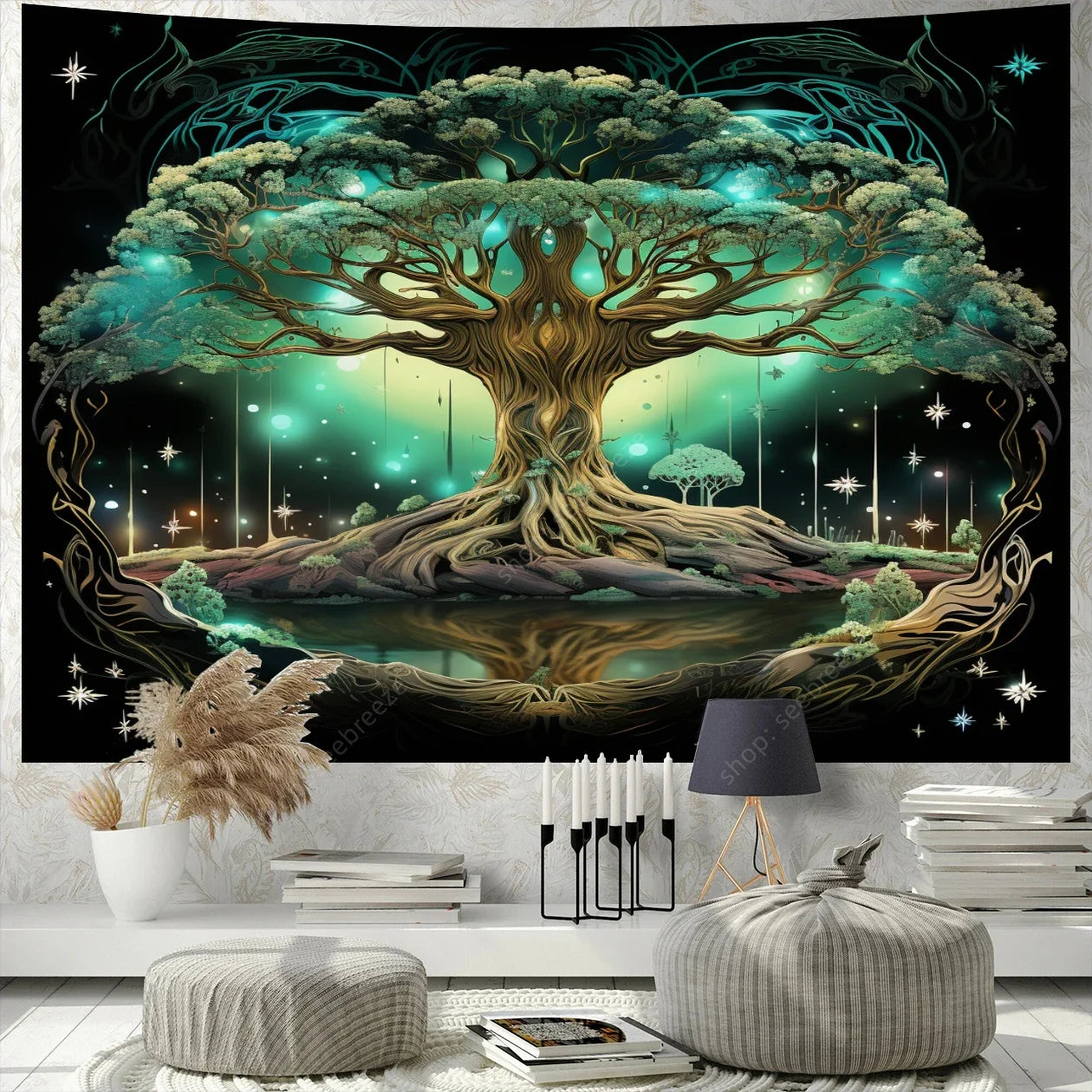 Colorful Green Forest Red Mushrooms Water Flowing Printed Polyester Woven Garden Of Eden Nature Tree Of Life Wall Hanging Tapestries