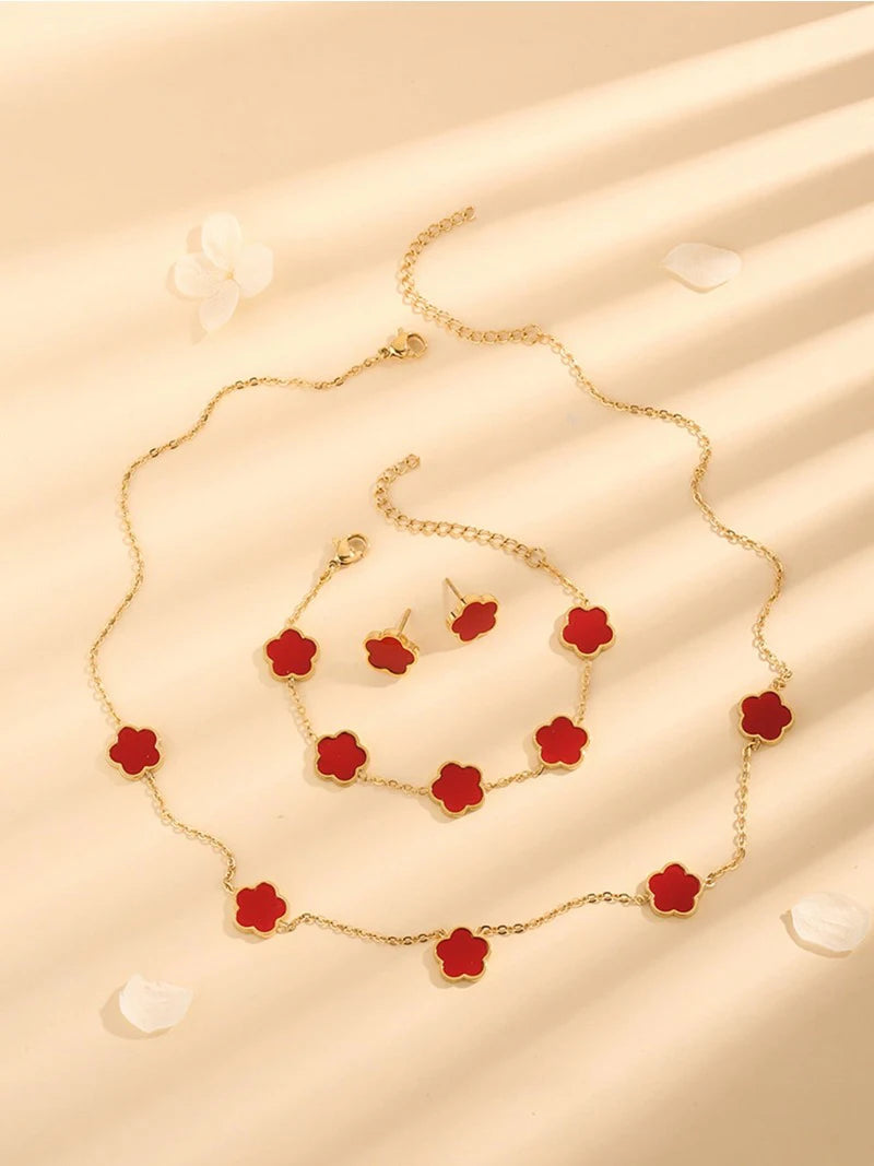 3PCS Set Imitation Zinc Alloy Lucky Five-Leaf Clover Jewelry Sets/Necklace-Bracelet-Earrings/Colors-Floral/Gold/Black/White/Silver