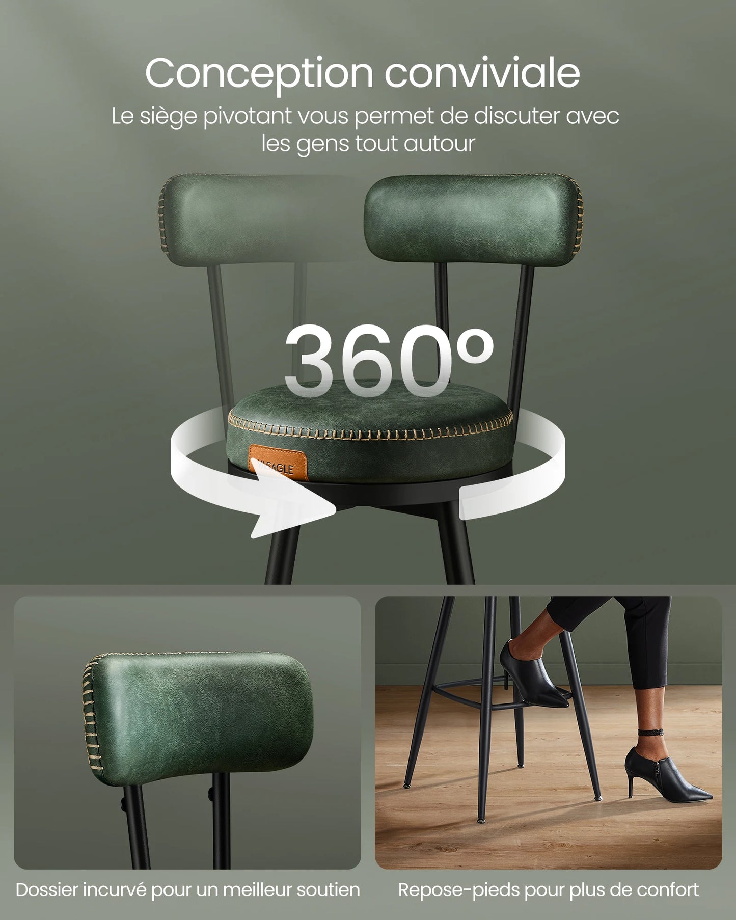2 pcs VASAGLE Upholstered PU Leather Cushion Steel Frame Base Backless Bar Chairs/Colors-Green/Black/Brown