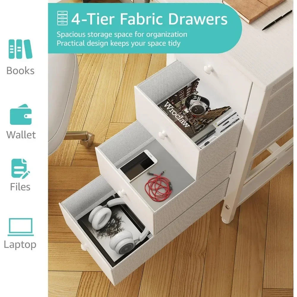 White Modern 2 Iron Side Hooks Free Standing Metal Base Computer Desks-4 Drawers/Dimensions-19.5"D x 47.2"W x 29.5"H