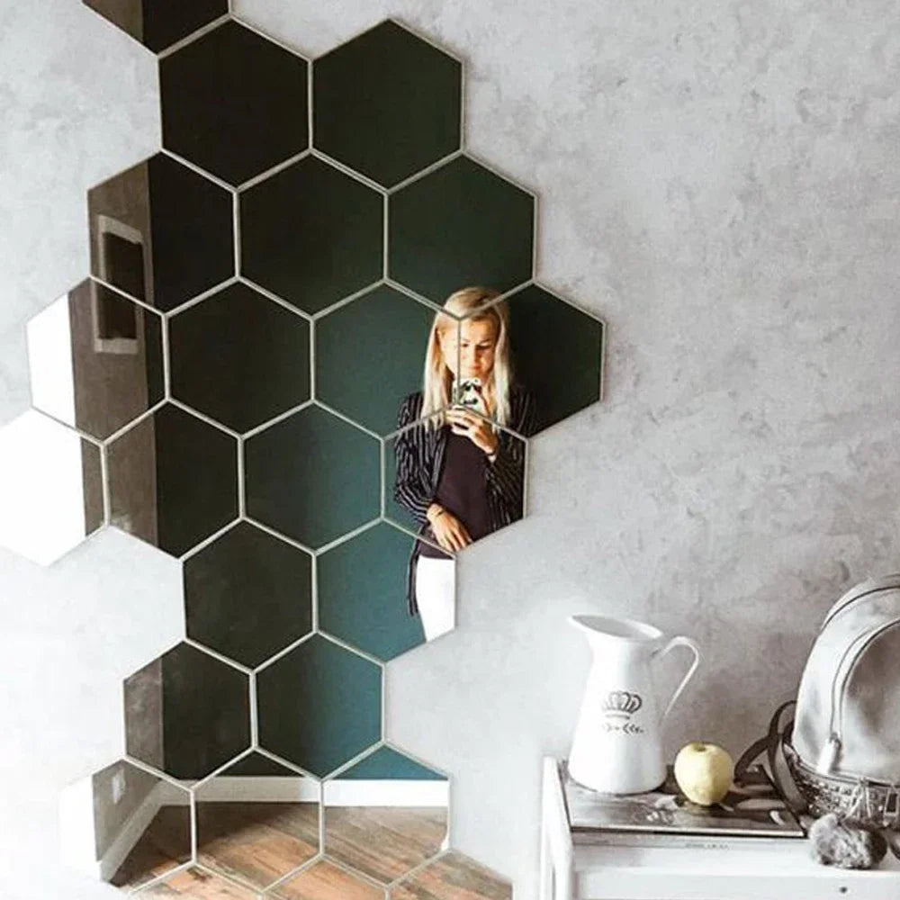 6/12pcs 3D Hexagon Mirror Wall Sticker /Colors-Rose Gold, Blue, Multicolor, Silver, Black, Red, Golden