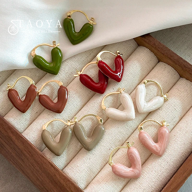 Women Imitation Red Wine Enamel Heart Shaped Tear Drop Gold Copper Earrings
