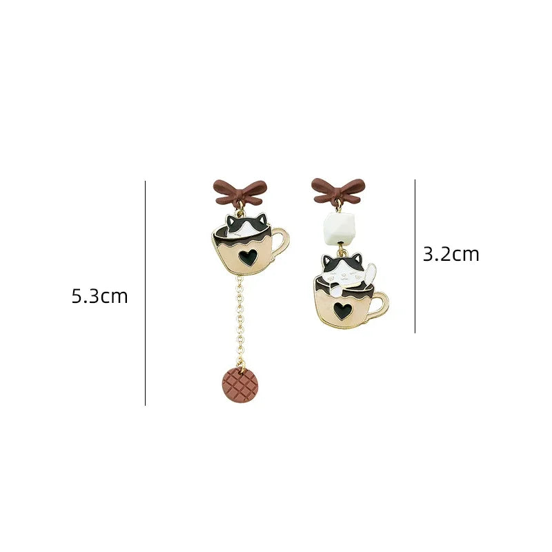 Women-Teen Girls Metal Long Tassel Asymmetrical Enamel Needle Cute Cartoon Cats Coffee-Teacup Dangle Drop Fine Imitation Earrings/Colors-Green/Multicolor/Geometric/Animals
