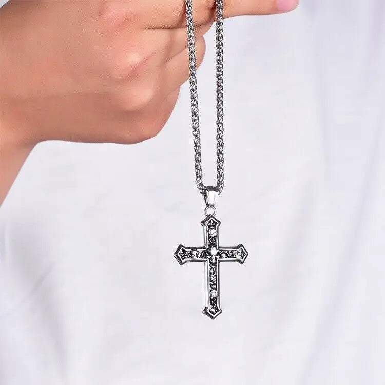 CY TRENDY Adult Men Fine Imitation Silver Stainless Steel Metal Gothic Skull Cross Pendant Box Chain Necklaces