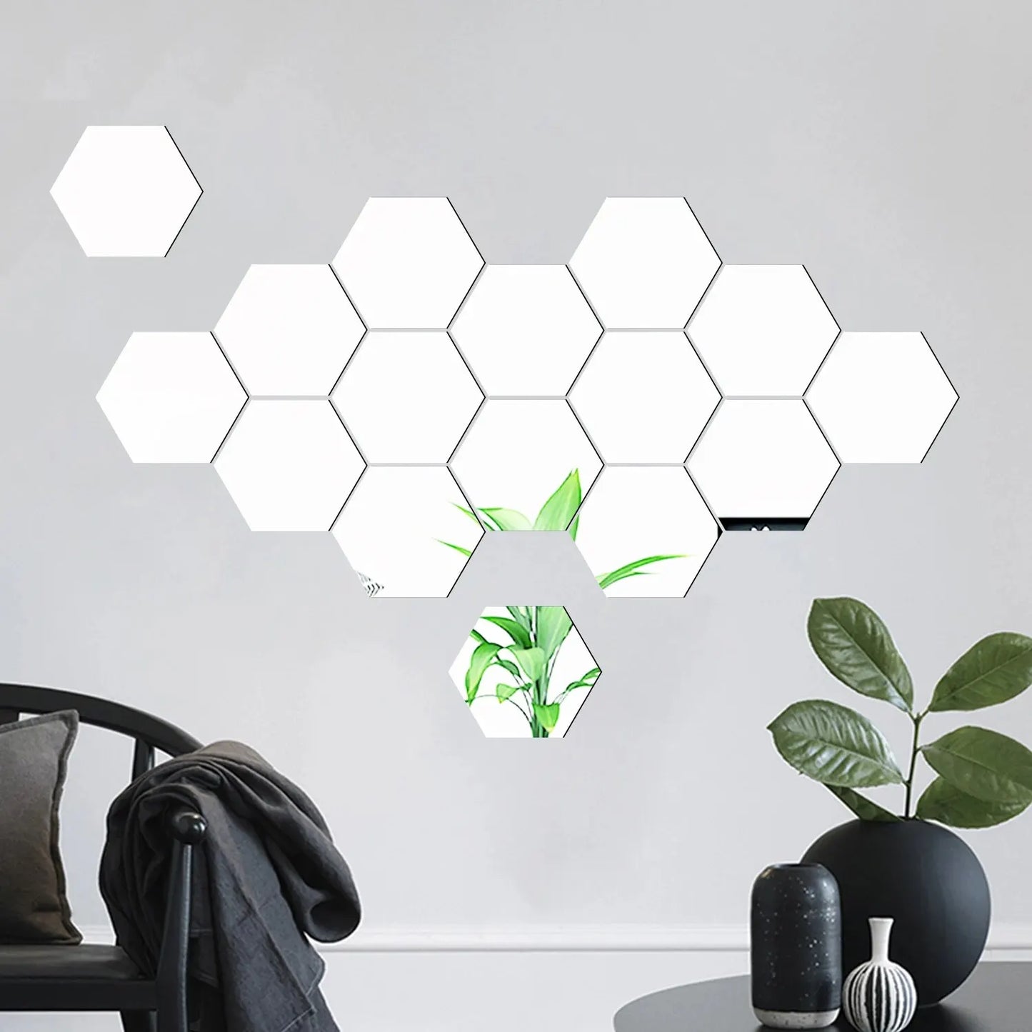 12PCS/Geometric Solid Hexagonal Mirror Wall Stickers w/ Built-in Adhesive/Removable/Colors-White/Gold/Pink/Green/Yellow