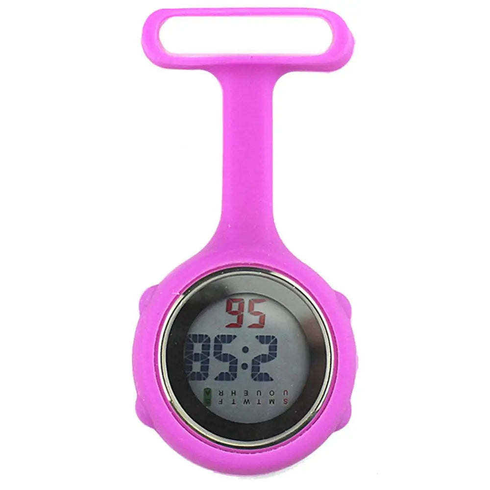 Women Silicone Round Waterproof Digital Dial Clip-On Nurse Fob Electric Battery Pocket Watch/Alarm-Date Display/Colors-Purple/Green/Blue/Yellow/Light Blue/Cyan/Pink/Orange/White/Red/Light Cyan/Purple-Red/Dark Blue