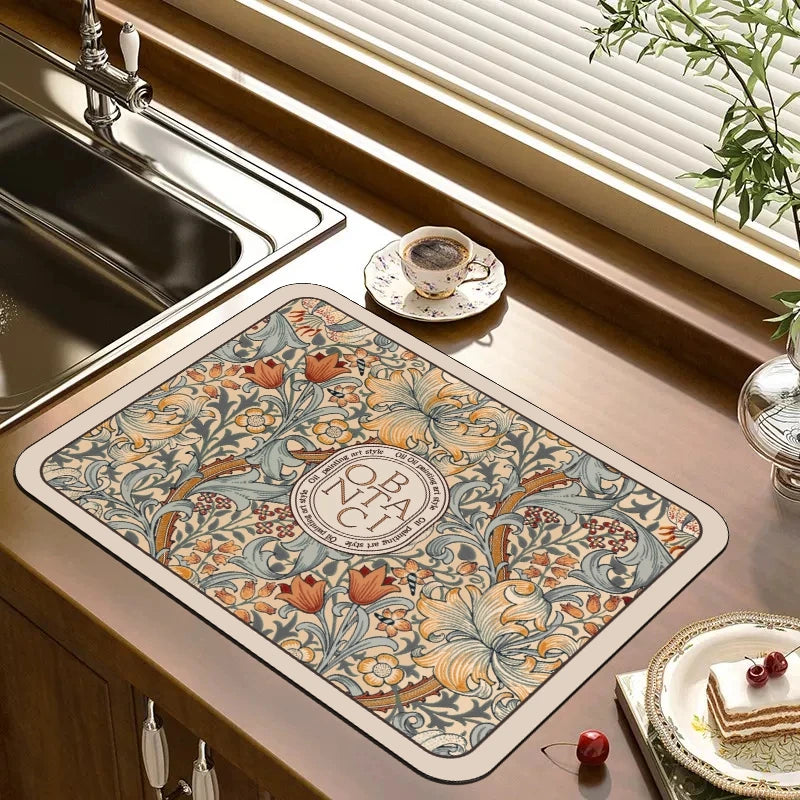Anti-slip 100% Polyester Floral Kitchen Drainer Pads/Sizes: S/M/L/XL