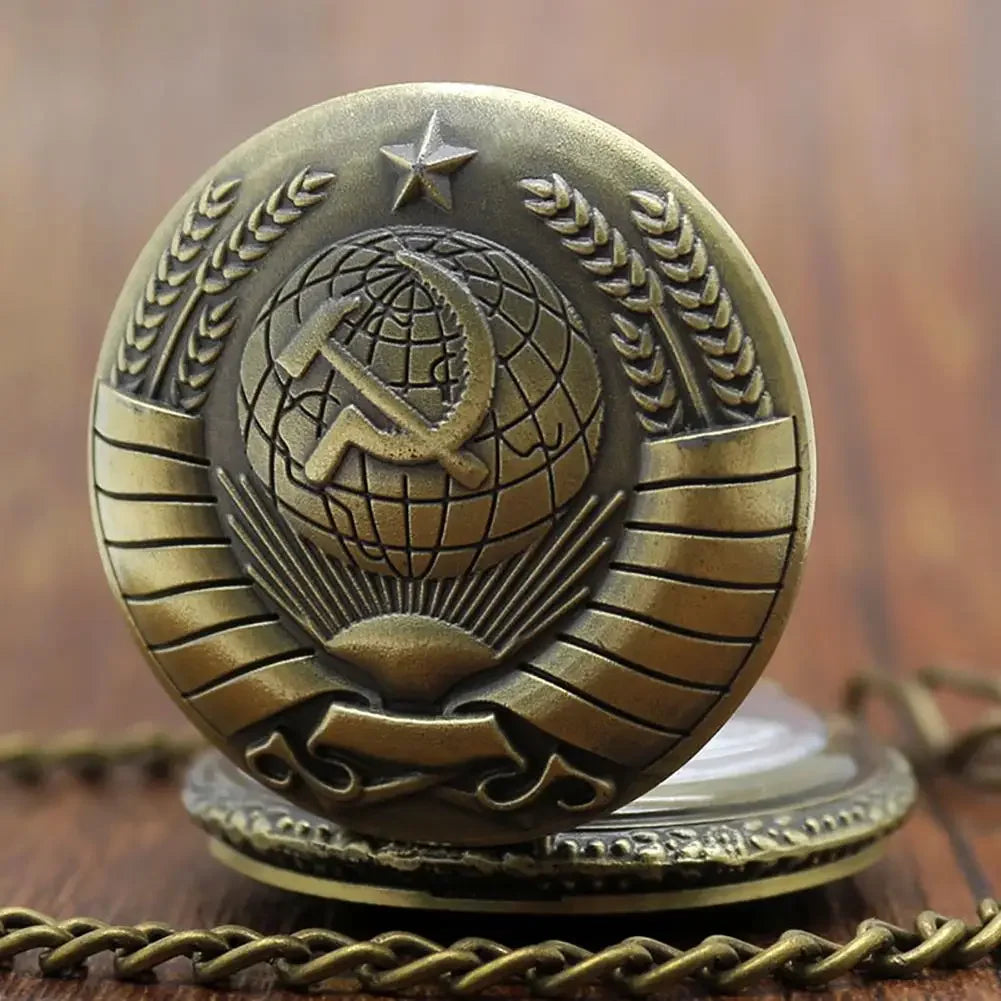 Unisex Antique Quartz Plastic Mirrored Round Acrylic Dial Digital Display USSR Soviet Badges Sickle Hammer Bronze Metal Pocket Watch-Bronze Pendant Chain