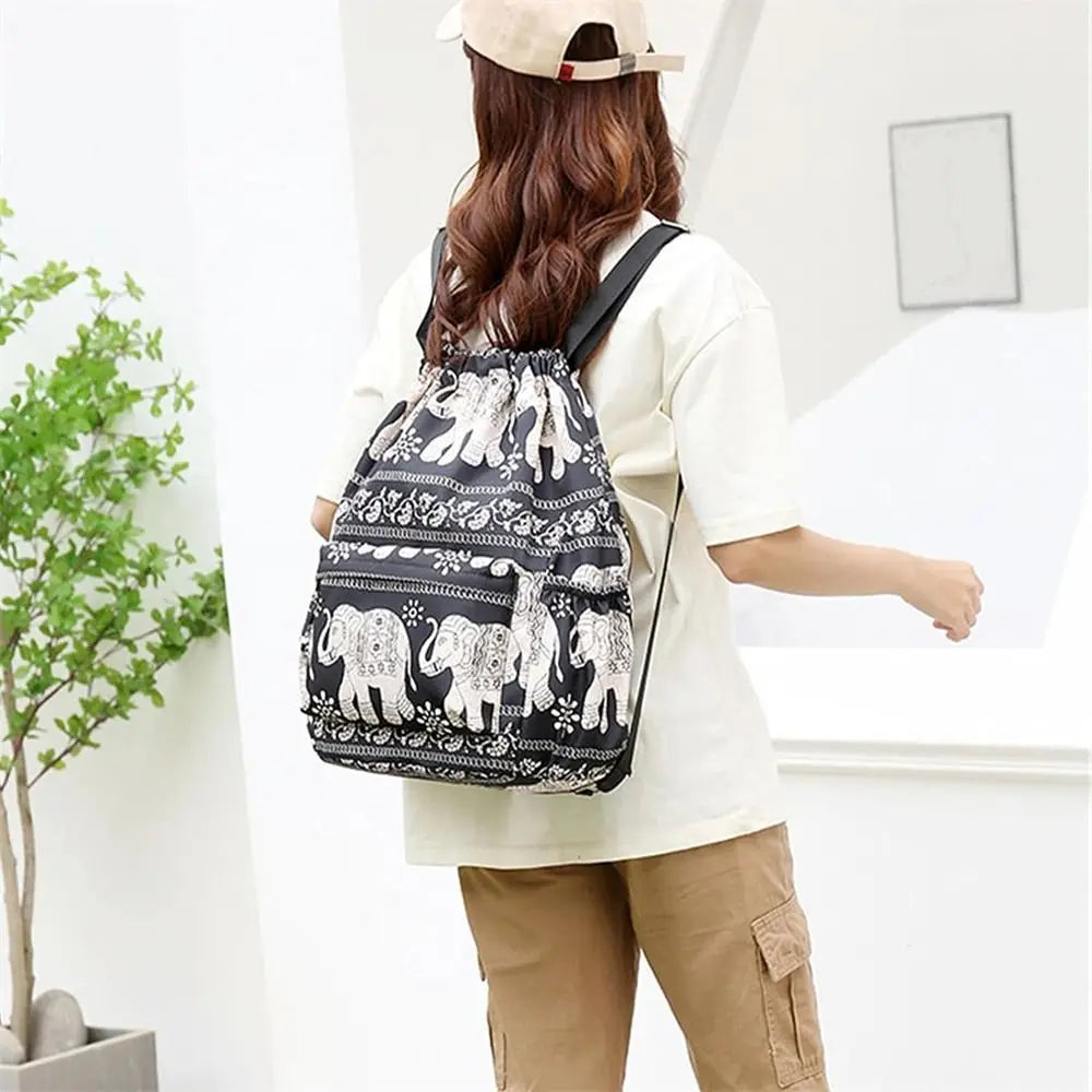 Large Foldable Oxford Cloth Polyester Lightweight Dry-Wet Separation Sports Drawstring Backpacks/External Pockets/Back Straps-Handle/Colors-Black/Animal/Multicolor