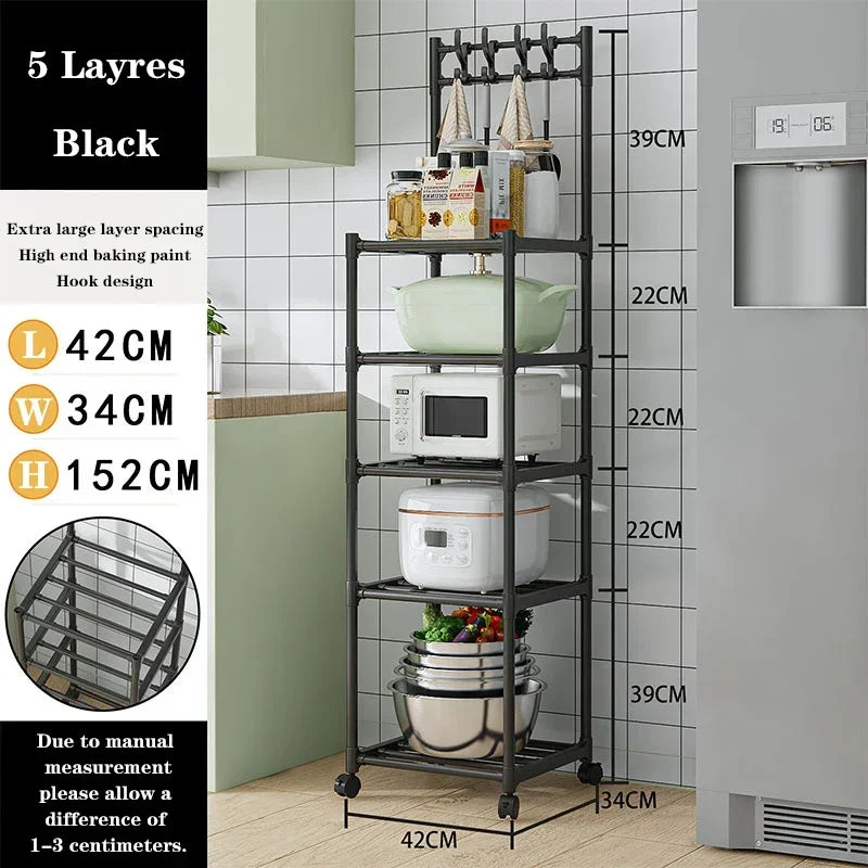 Kitchen Metal Storage Floor-Standing Rack w/ 4 Wheels/Colors-Black/White
