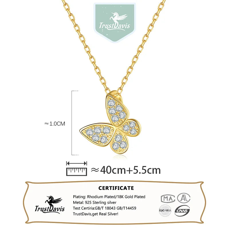 TrustDavis Girls Real 925 Sterling Silver Necklace Butterfly Heart Pendant Birthday Gift for Women Daughter Jewelry DS4036
