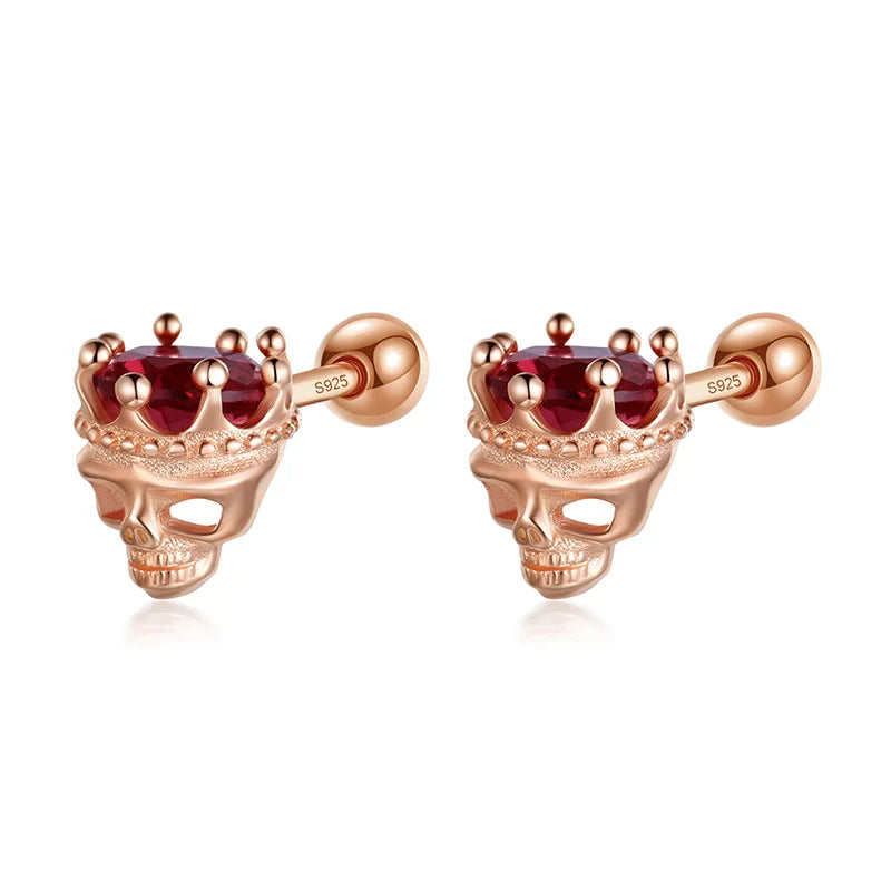 TrustDavis Real 925 Sterling Silver Man/Women Red Zircon Crown Skull Head Screw Stud Earrings for Girls Party Jewelry DF2028