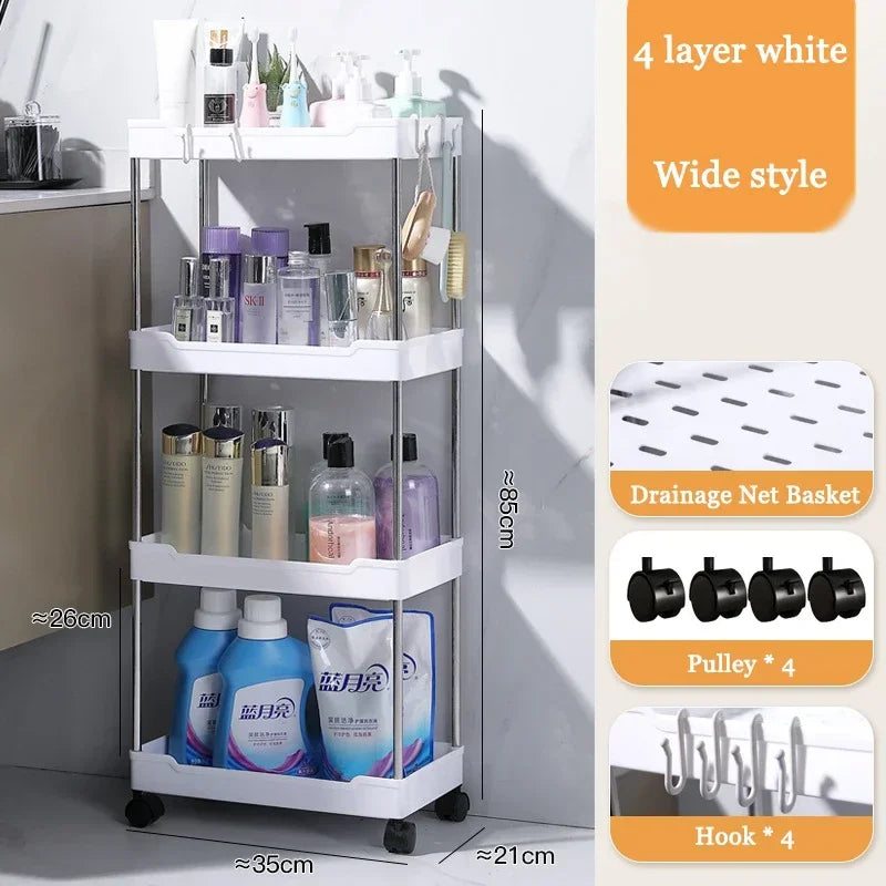 Kitchen Black-White 3-4 Tiers Shelves Non-Folding Slim Storage Plastic Carts/360 Rotation-4 Plastic Wheels/Colors/White, Black