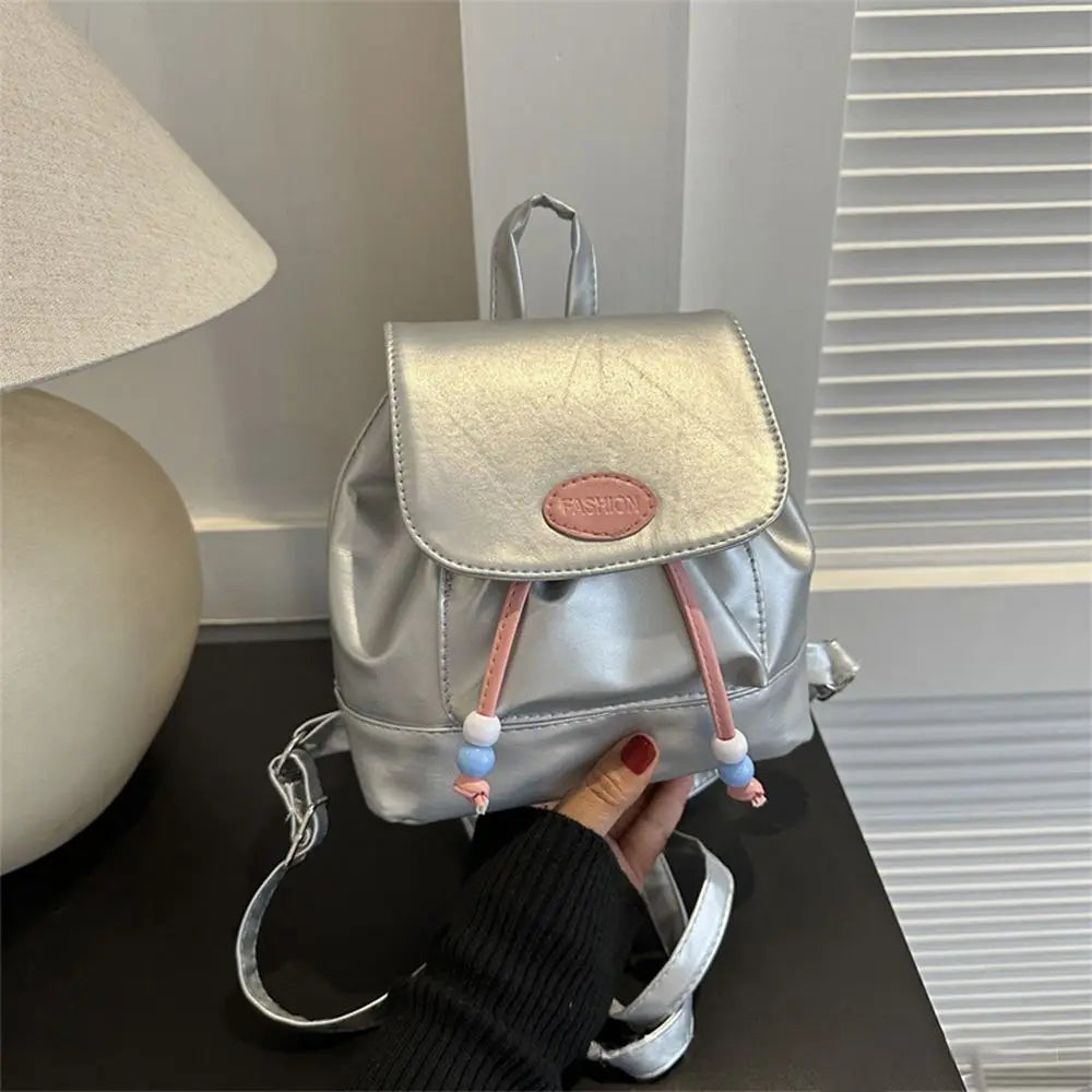 Women Small Retro Faux Leather Handheld Handle Soft Zipper Backpacks/Exterior Flap Pocket/Shoulder Straps/Interior Drawstring/Colors-Silver/Black/Brown/White