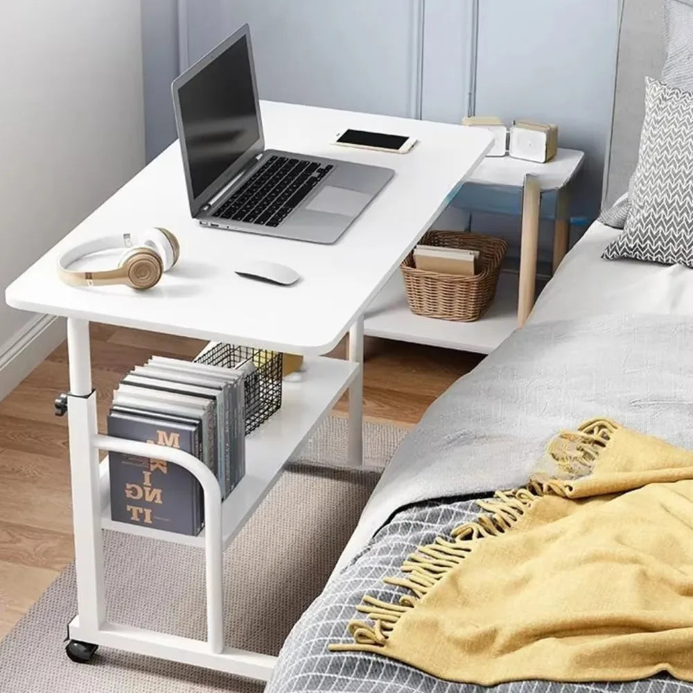 NULL Free-Standing Rectangle Shaped Black Oak Wood Top-Collapsible Adjustable Shelves Metal Frame Laptop-Computer Desks/4 Roller Wheels/Assembly Required