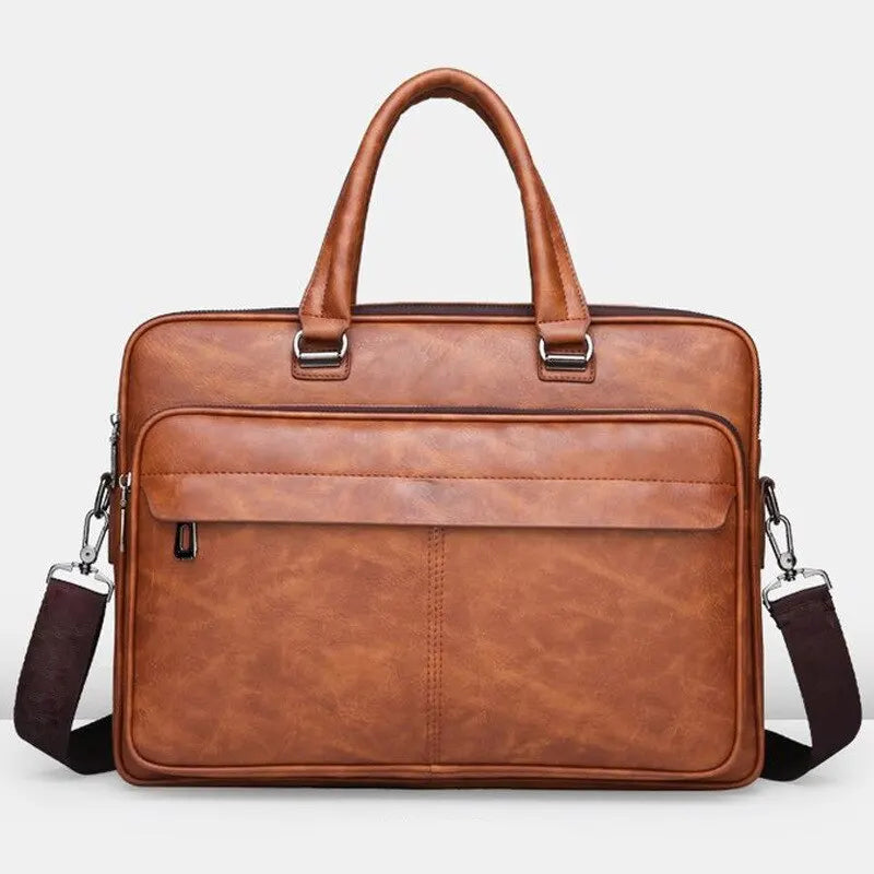 Men Large Faux Leather Waterproof One Shoulder Strap-Handle Crossbody Design Document Bag Briefcase/Zipper/Polyester Lining/ For Tablet-IPAD/Fits 15 Inch IPAD-Tablet Colors-Brown/Black