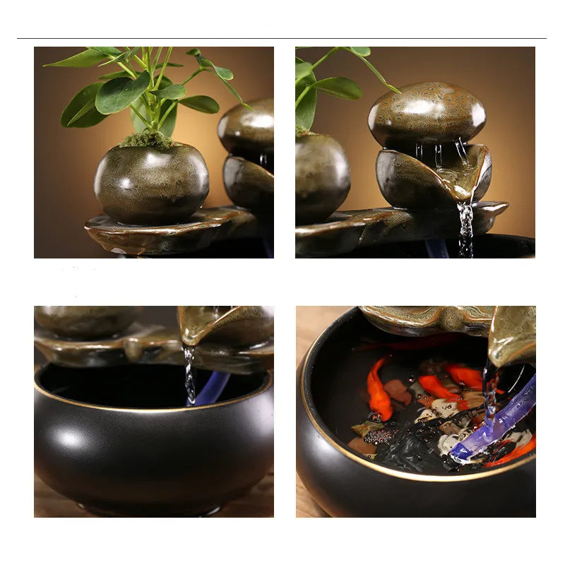 Desktop Glazed Ceramic Clay-Enamel Plant Rocky Landscape PET Flowing Drinking Water Bowl Fountain/Colors-Brown/Black