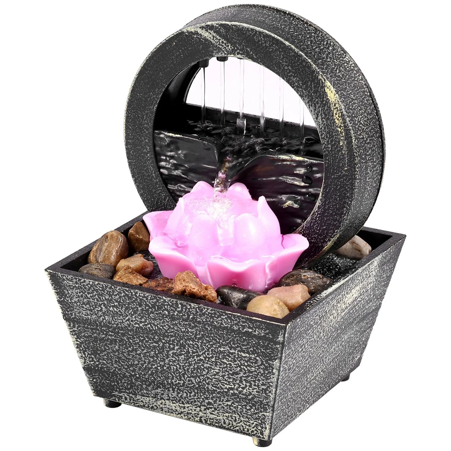 Wood Tabletop Zen Meditation Waterfall Round Succulent Lotus Flower ABS Plastic Square Base Fountain/Light Battery/USB Cable Cord /Bag Of Pebbles/Colors-Black/Gray