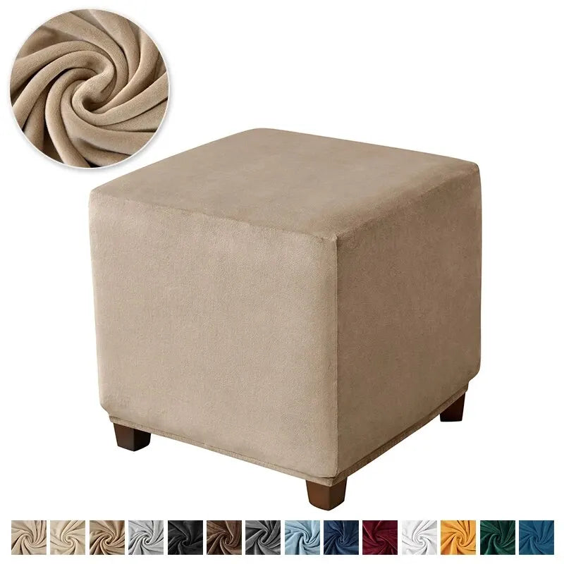 Soft Velvet Cotton-Polyester Square Ottoman Footrest Elastic Slipcovers/Colors-Green/White/Beige/Red/Gray