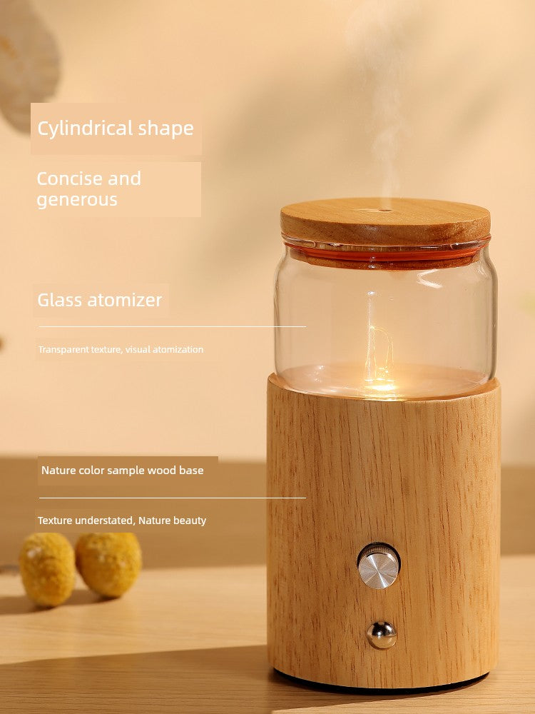 Home Glass Atomizer Plant Aroma Spray Diffuser Air Freshener Long-Lasting Adjustable Wireless Timing Cold Fragrance Deodorant Cylindrical Shape Natural Wood Base