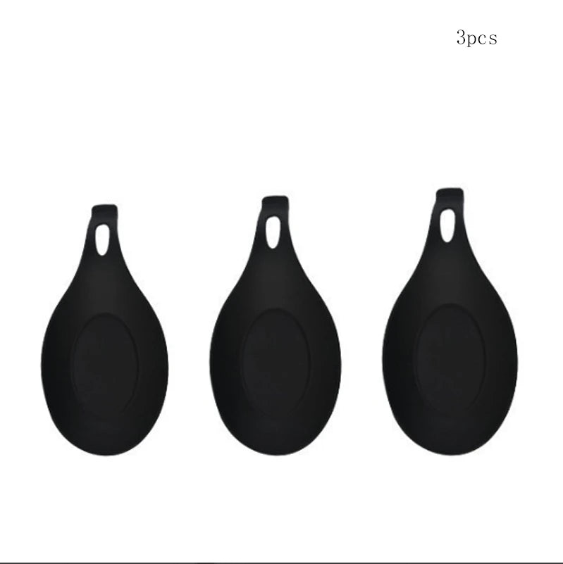 Kitchen 3 PCS Set Black Heat-Resistant Stainproof Durable Large Silicone Spoon Rest/With Hook Hole