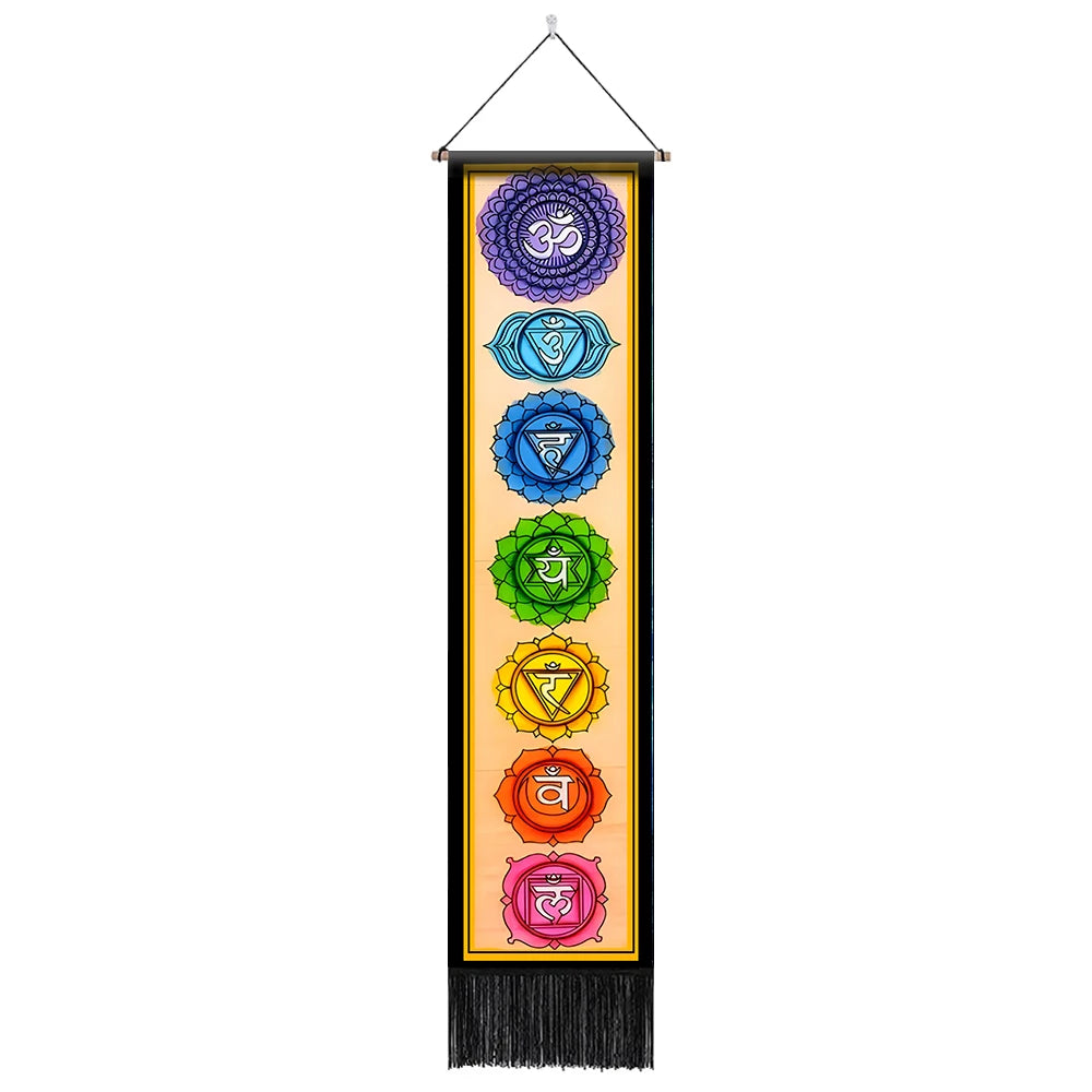 Unisex Rectangle Knitted Cotton-Polyester Blend Printed Soft Fabric 4 Colorful Geometric Chakras Themes Intricated Design Fringed Spiritual Meditation Wall Hanging Tapestries