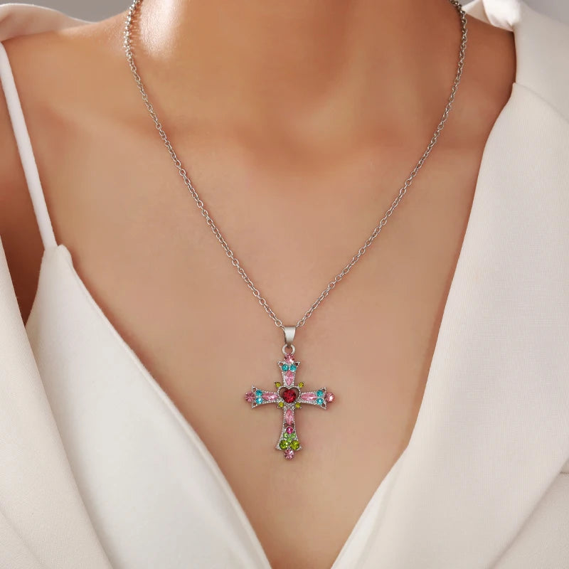 Women Imitation Cross Chain-Link Pendent Colorful Zircon Stone Necklaces/Colors-Multicolor/ Silver
