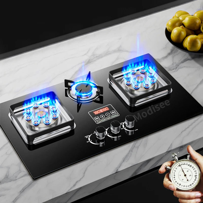 Outdoor Portable 3 Burners LPG Built-In Natural Gas Tempered Glass Panel Platform Embedded Burner Stoves/Interchangeable Plates/Natural Gas-Butane/Colors-Black/Blue/Pulse Electron Ignition
