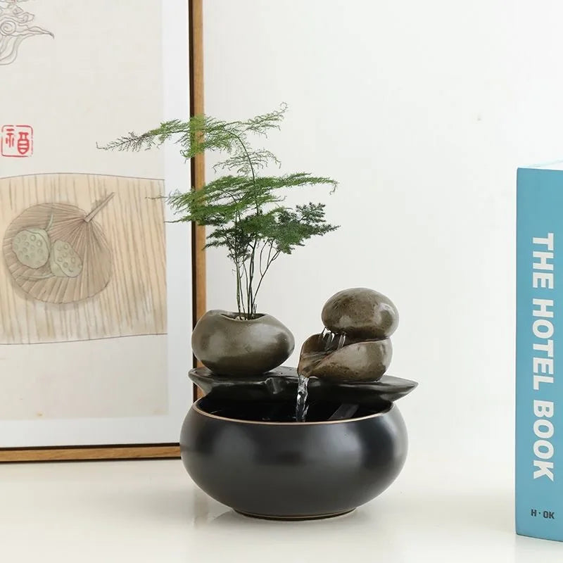 Desktop Glazed Ceramic Clay-Enamel Plant Rocky Landscape PET Flowing Drinking Water Bowl Fountain/Colors-Brown/Black