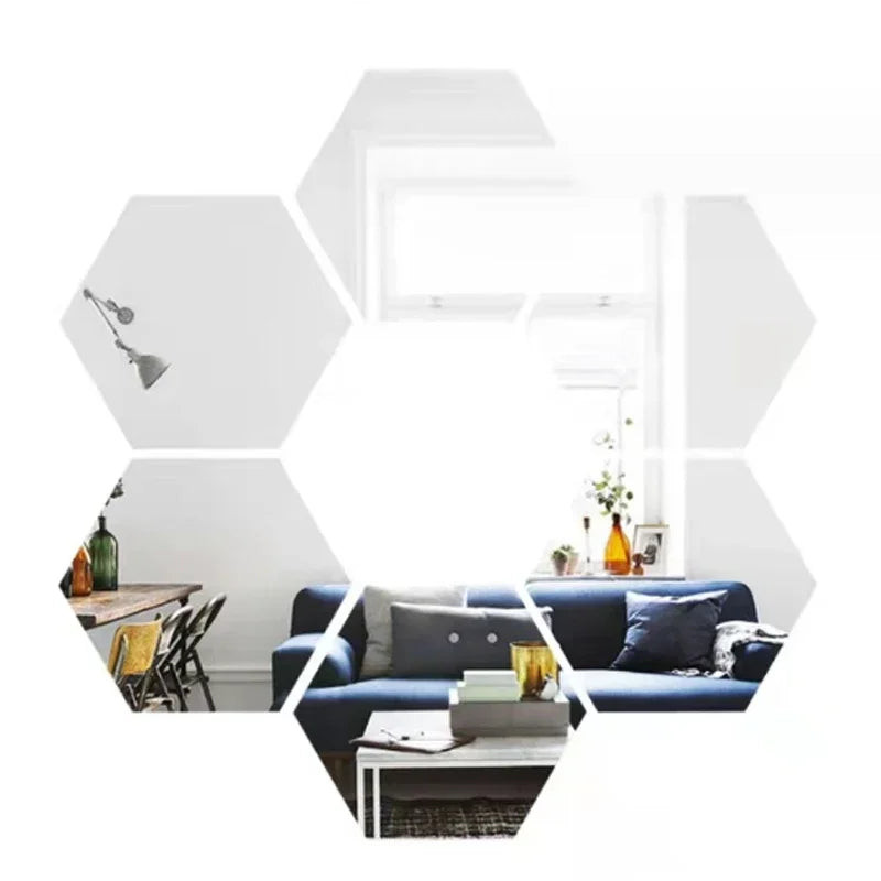 6/12pcs 3D Hexagon Mirror Wall Sticker /Colors-Rose Gold, Blue, Multicolor, Silver, Black, Red, Golden