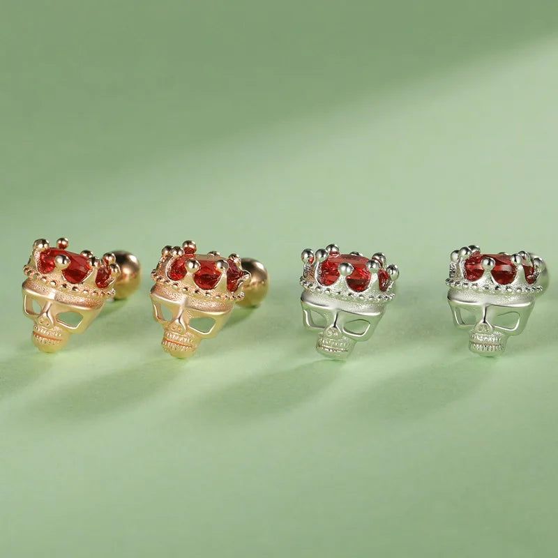 TrustDavis Real 925 Sterling Silver Man/Women Red Zircon Crown Skull Head Screw Stud Earrings for Girls Party Jewelry DF2028