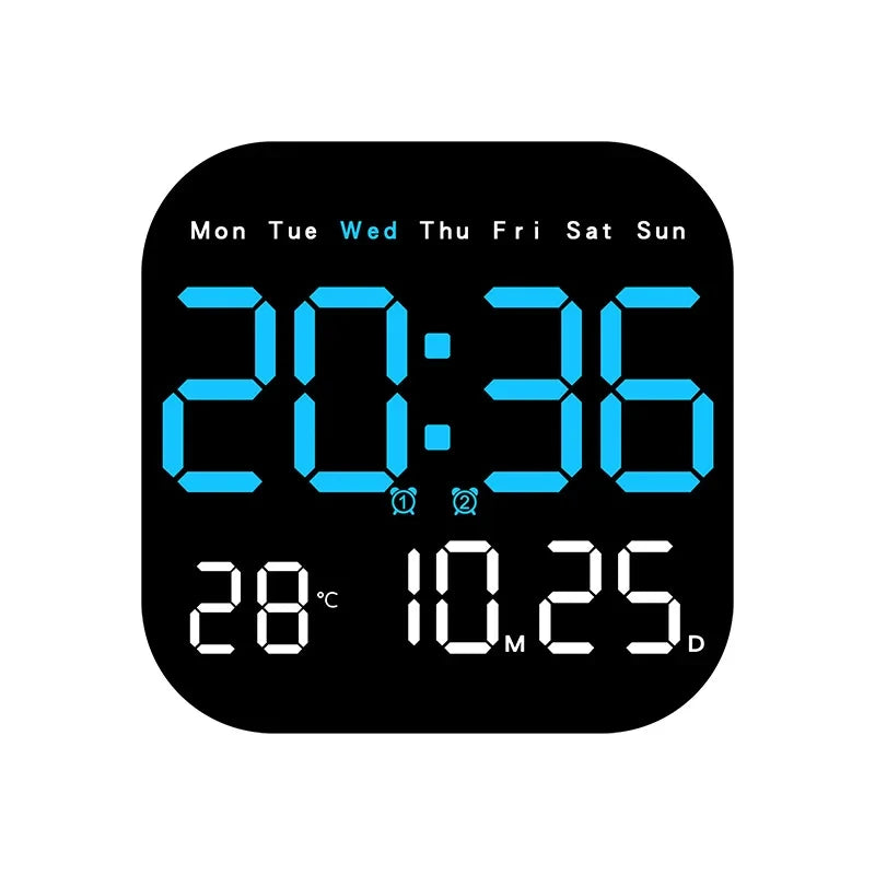 Modern USB Plug-In Black Plastic Square LED Large Digital Display Timing Function Remote Control Temperature-Week-Date Alarm Wall Clocks