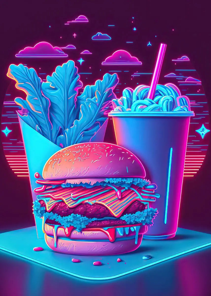 Unframed Modern Cotton Canvas Cartoon Neon Fast Food/Soft Drinks Prints/Colors-White/Blue/Multicolor