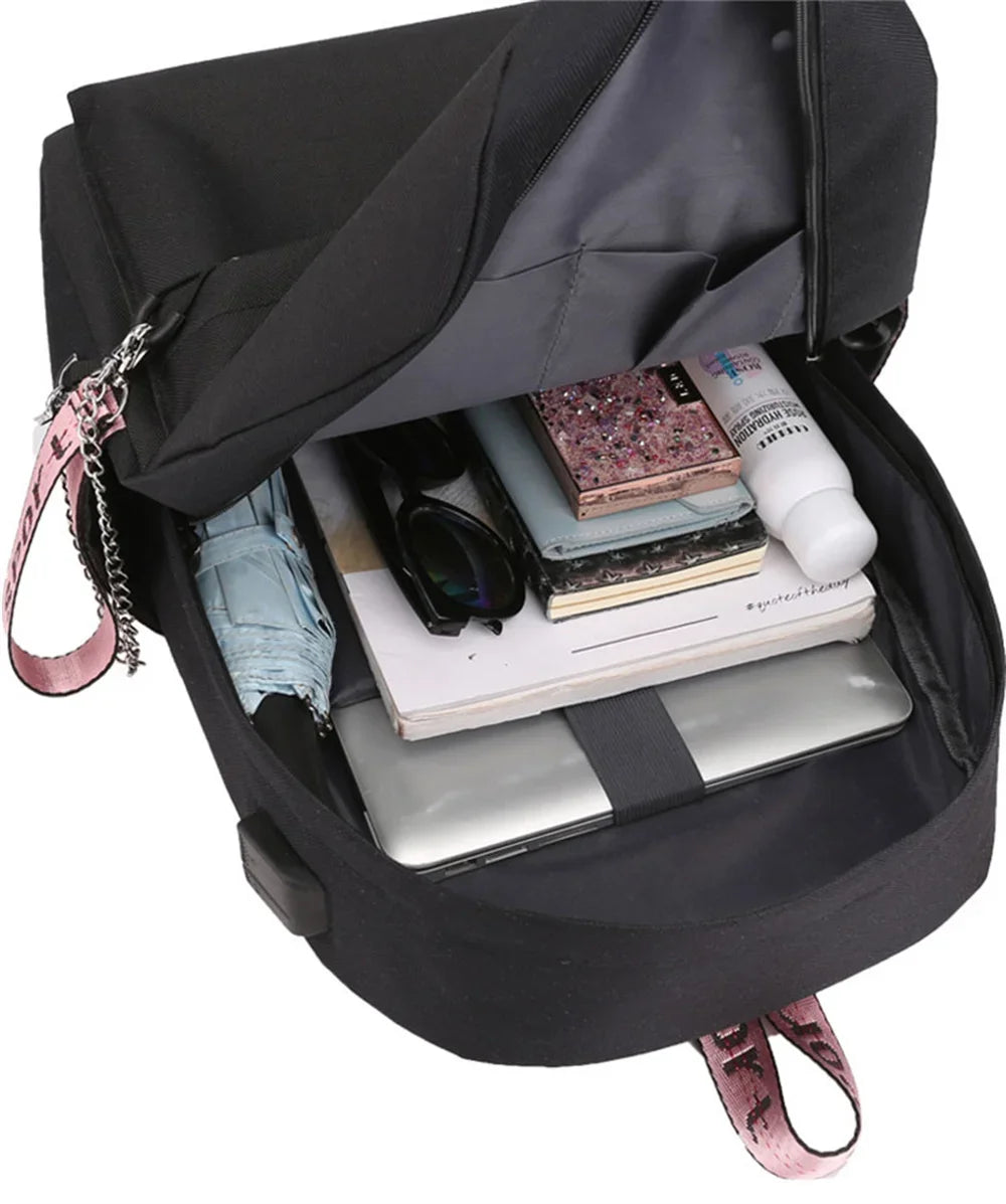 Decorative White Bow Canvas Nylon Printed Kawaii Cat Curved Back Support Zipper Black Backpacks/USB Charging/Built-In Laptop Compartment/Back Straps-Handle