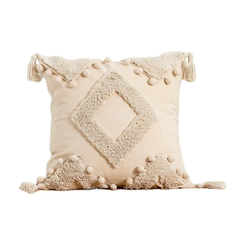 Tufted Beige Embroidered Linen /Polyester Tasseled Throw Pillows /Sizes -45 x 45cm /30 x 50cm