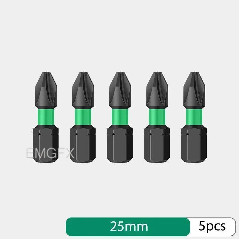 EMGFX 5 PCS Set Mechanic Design Impact Resistant Phosphating Black-Green Coating Alloy Steel Phillips Screw Head Low Magnetic Screwdriver BITS For Drills