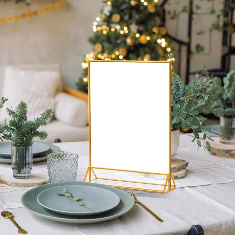 Indoor Gold Edge Color Rectangle Rounded Corner Transparent Clear Acrylic Tabletop Flyer Holder Display Stand Triangle Frame Base/2 Sizes: 4 x 6 Inches-5 x 7 Inches