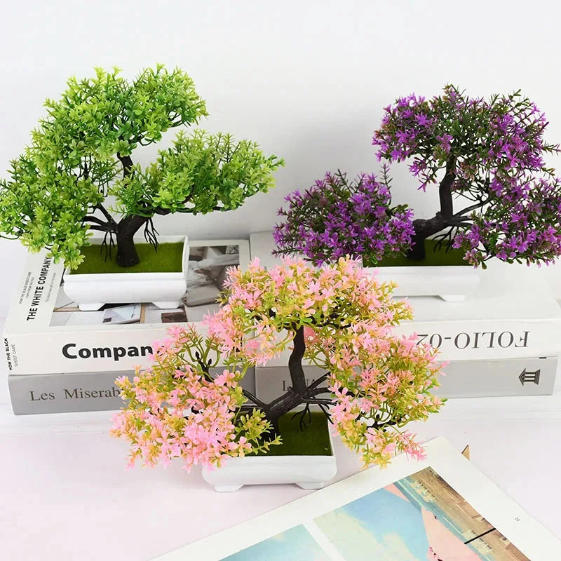 Artificial Small Bonsai Plastic Non-Flowering Plant-Rectangle Flower Pot/Colors-Floral/Green/Black/Pink