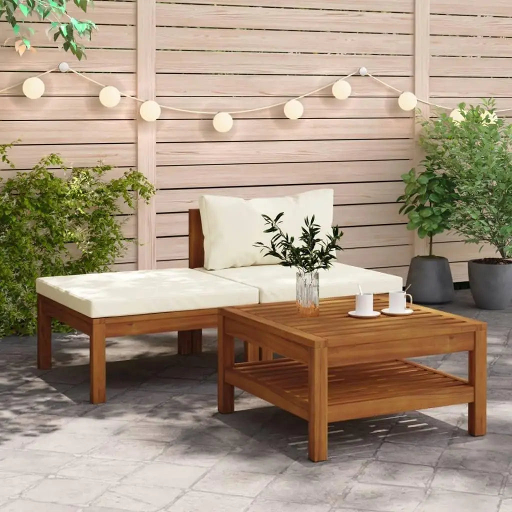3-Piece Solid Brown Acacia Wood Patio Lounge Set w/ Cream White Cushions/
