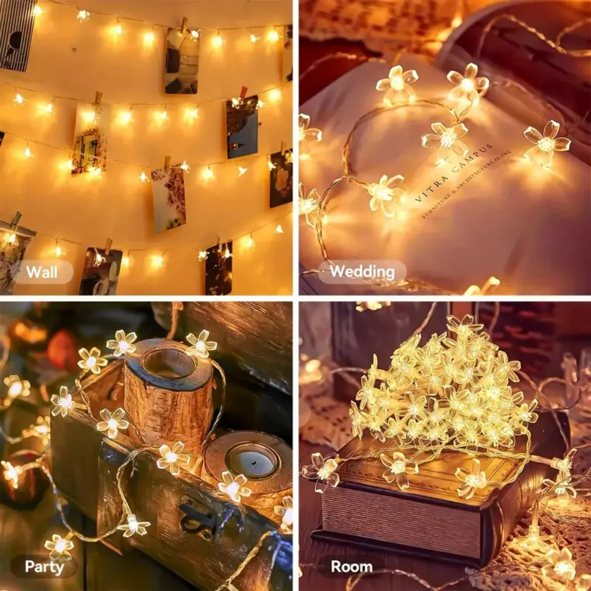 PEACH FOREST Indoor-Outdoor Cool-Warm White LED Light Pink Cherry Blossom Floral Design Dry Battery-Powered Garland Clear Transparent Light Rope-String Lights