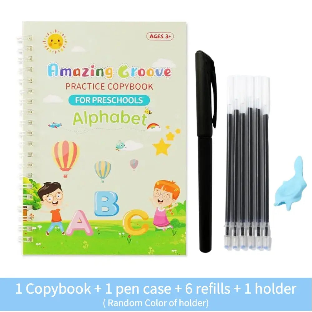 No-EN-Name-Null 4 PCS Parent-Kids Interacting Reading Amazing Groove Practice Copybook English Plastic-Cardboard Paper Copybooks Reusable Reading Toys /1 Pen Case/6 Refills/1 Holder/1 Free Pen Grip/Free Pens/Ages: 1-18 Years Old