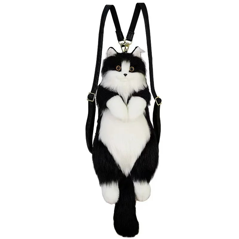 No-EN-Name-Null Unisex Lightweight Softback Cute Soft Plush Black-White Cat Ragdoll Shaped Design Metal Zippers Polyester Lining Cotton Fabric Two Adjustable Shoulder Straps-Handle School Backpacks/Adjustable Sizes
