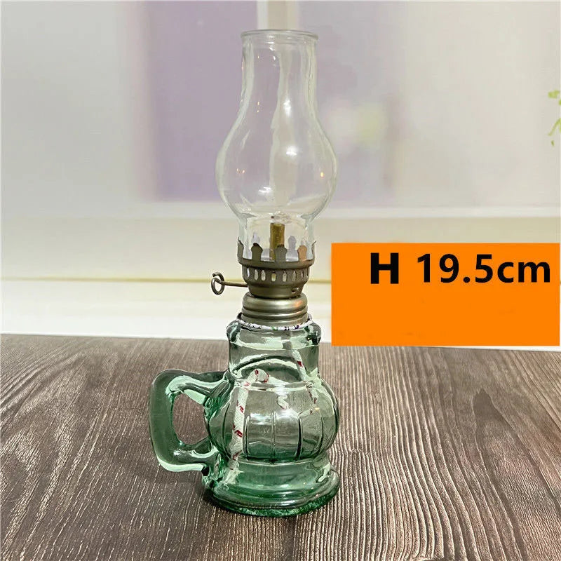 Indoor Desktop Windproof Mini Glass-Metal Kerosene Oil Lamps/Glass Lampshade/Removable Wick /Color-Transparent/Green