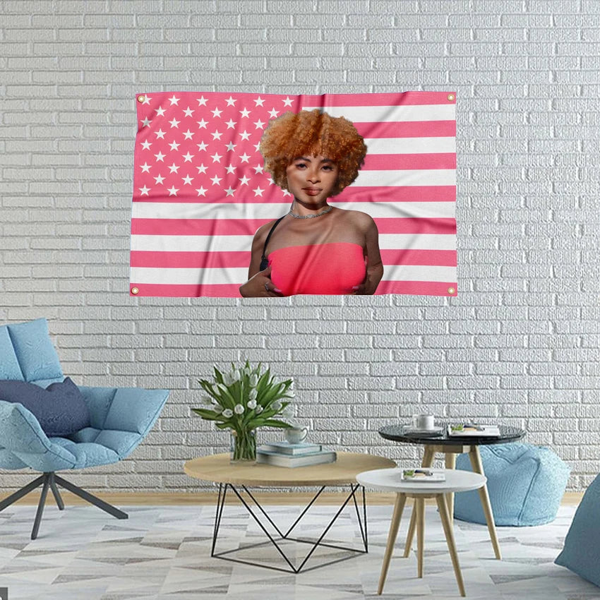 Polyester Printed Women Ice Rapper Funny Banner Sports Flags Tapestries/4 Brass Grommets/Colors-Pink/Blue/Multicolor