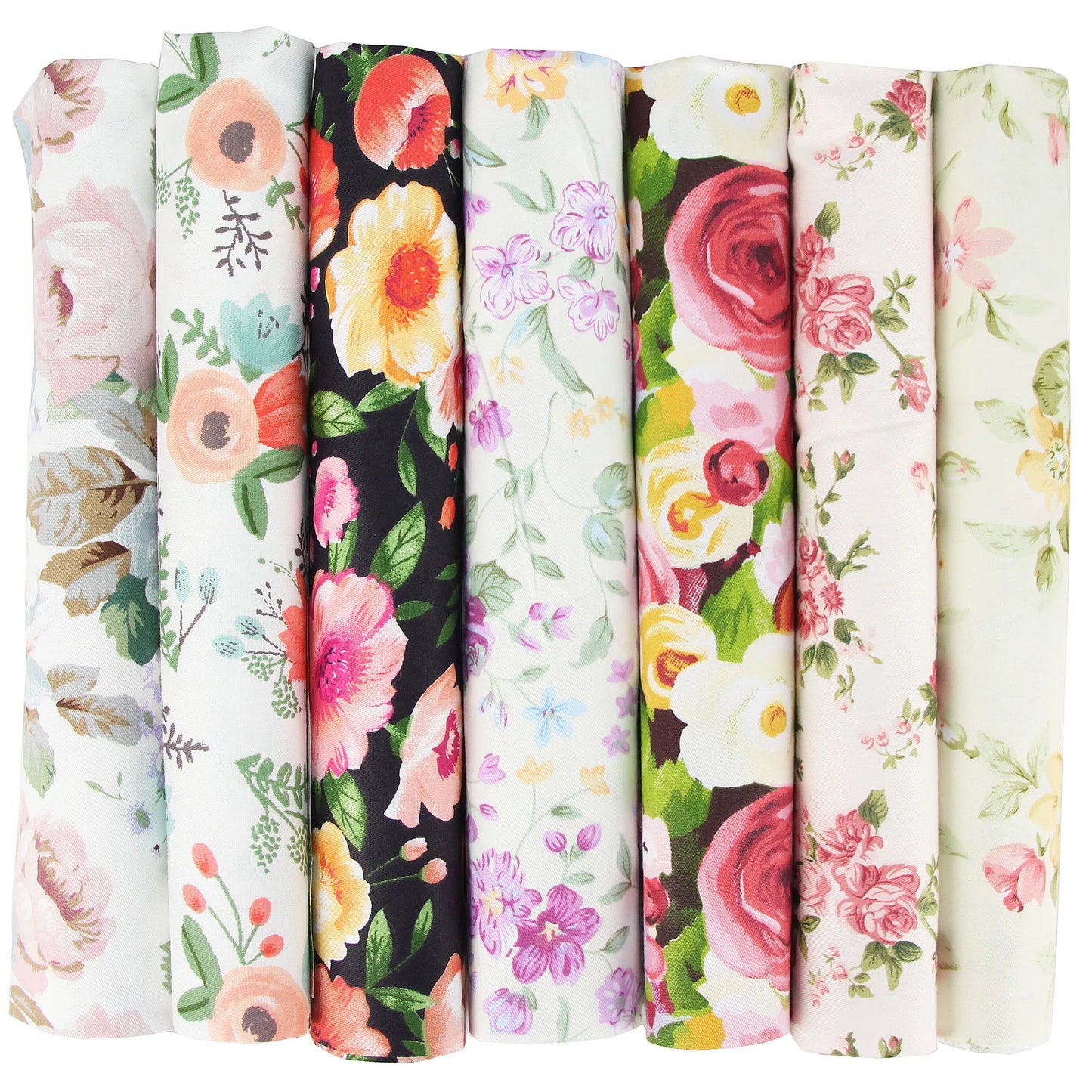 1-Set 7 Different Colors Handmade Anti-Static Printed Thin Patchwork Quilting Squares 100% Cotton Brocade Fabric Cloths/Colors-Floral/Geometric/Black/Checkered/Washable/Ironing Instructions