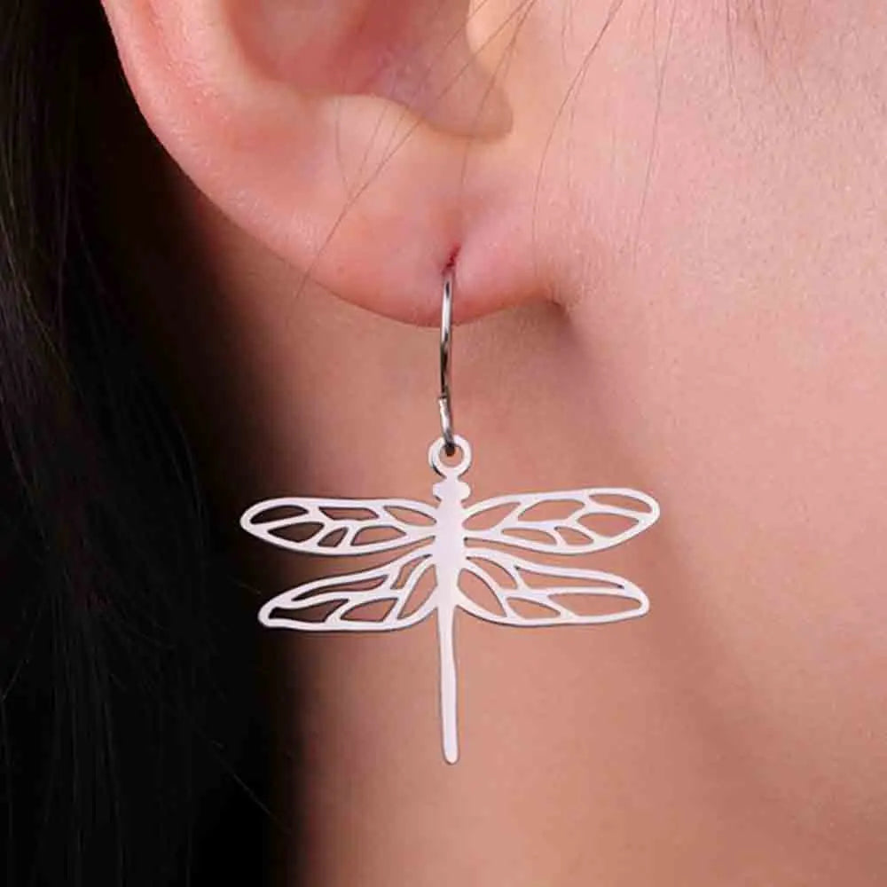 My Shape Dragonfly Earrings for Women Girls Gold Color Stainless Steel Dangle Earrings Hoop Earrings Insect Fashion Jewelry Gift